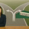 女性が分かれ道と麻雀パイを思い浮かべながら思案しているイメージ画像
