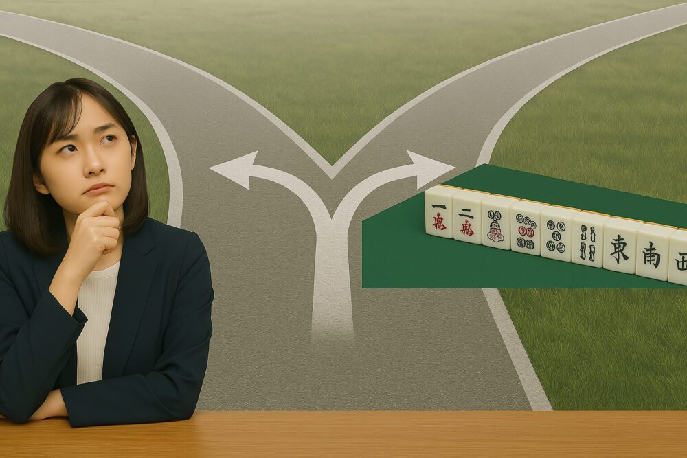 女性が分かれ道と麻雀パイを思い浮かべながら思案しているイメージ画像