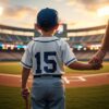 親の手を引き、スタジアム内を見渡す少年
