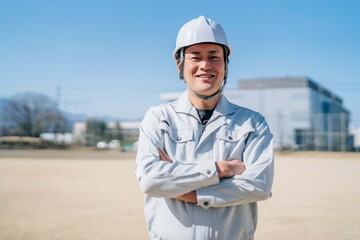 堂々とした態度で腕を組む作業員