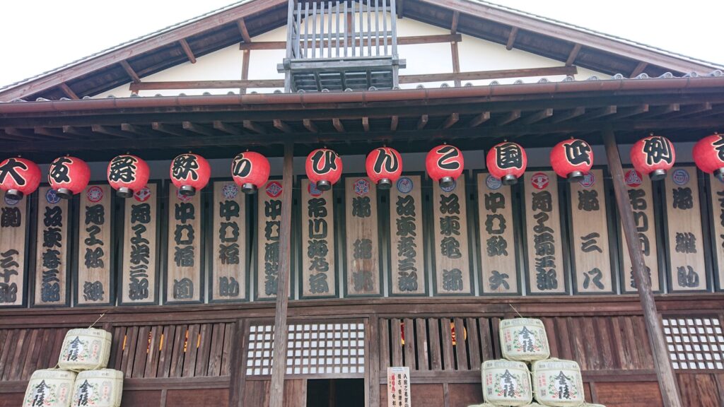 入口上のこんぴら歌舞伎出演者の札