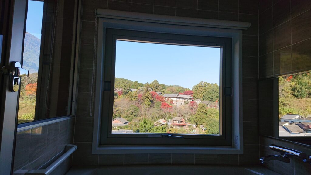 浴室窓から見える山の木々