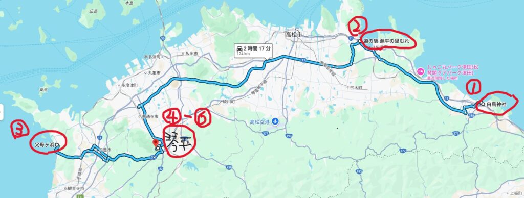 訪れた香川の6つのスポットをプロットしたマップ