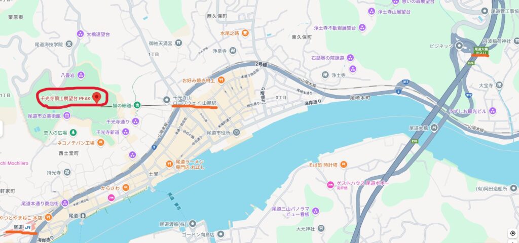 しまなみ海道出口から千光寺公園までを表すマップ画像