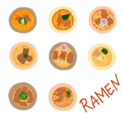 いろいろなラーメンが並ぶイラスト