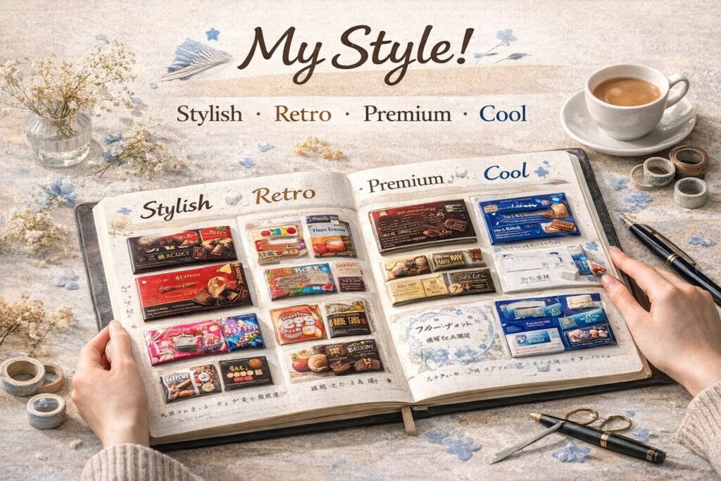 MyStyleの文字とお菓子帳を広げたイラスト