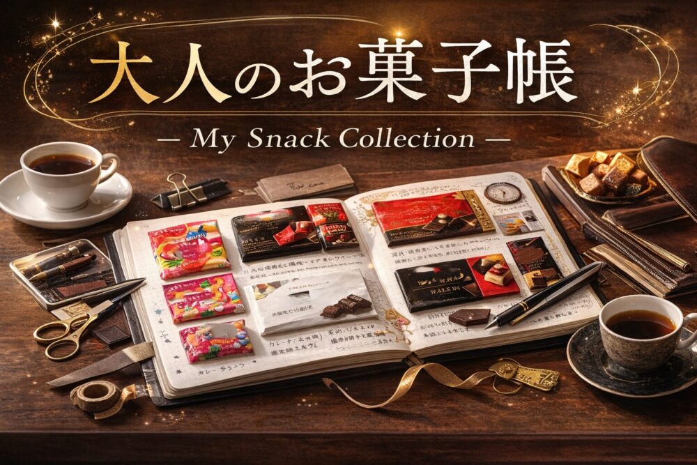シックな部屋の机に広げた「大人のお菓子帳」イラスト
