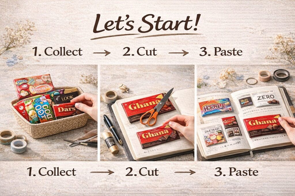 Let'sStart!の文字と集めて、切って、貼るのイラスト