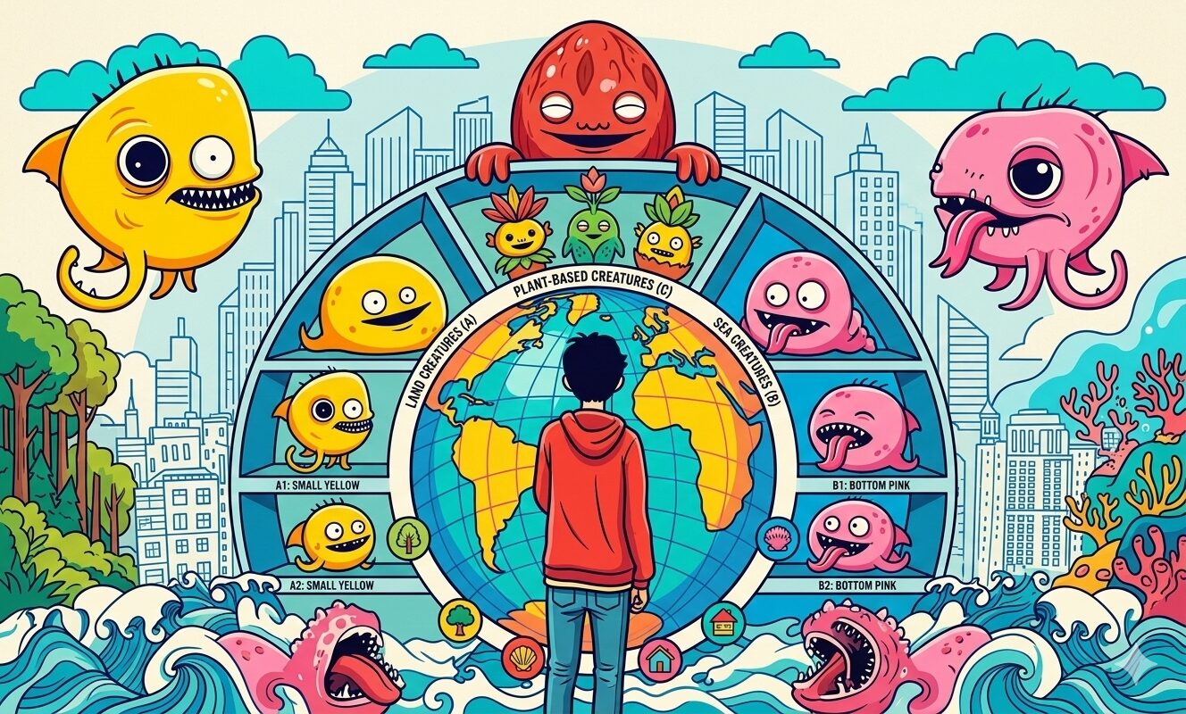 「グループ分け（分類）で広がる世界」を表現するイラスト