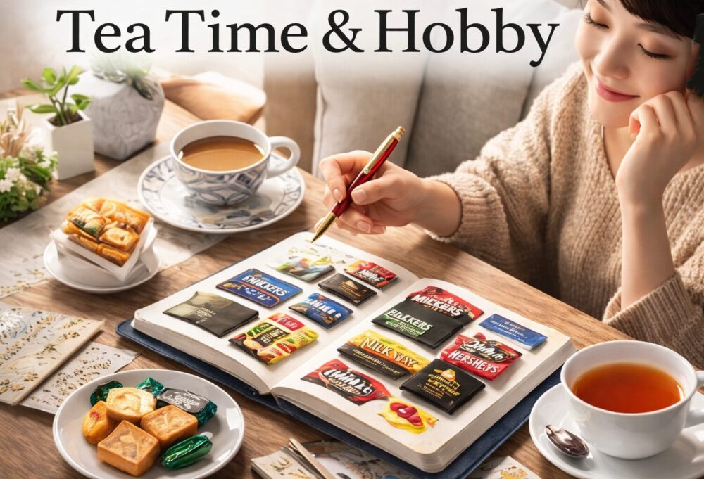 女性がお菓子帳を広げて微笑んでいる様子