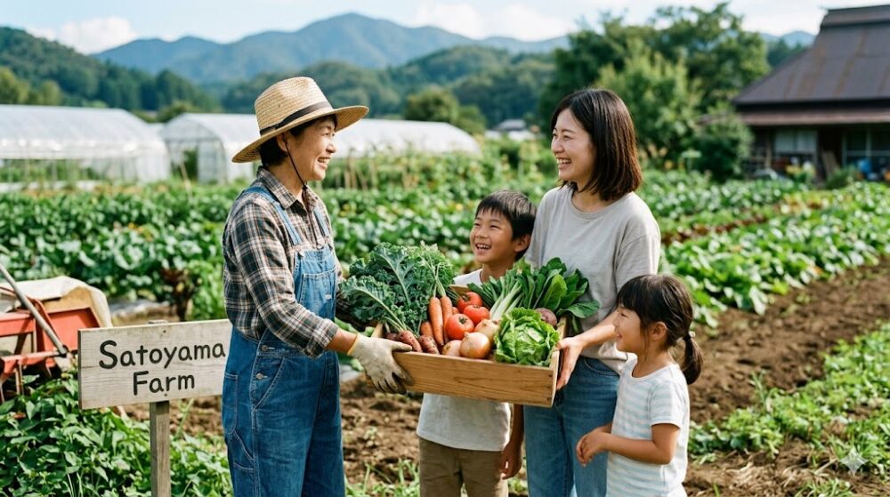 畑でお客さんに野菜を手渡す農家