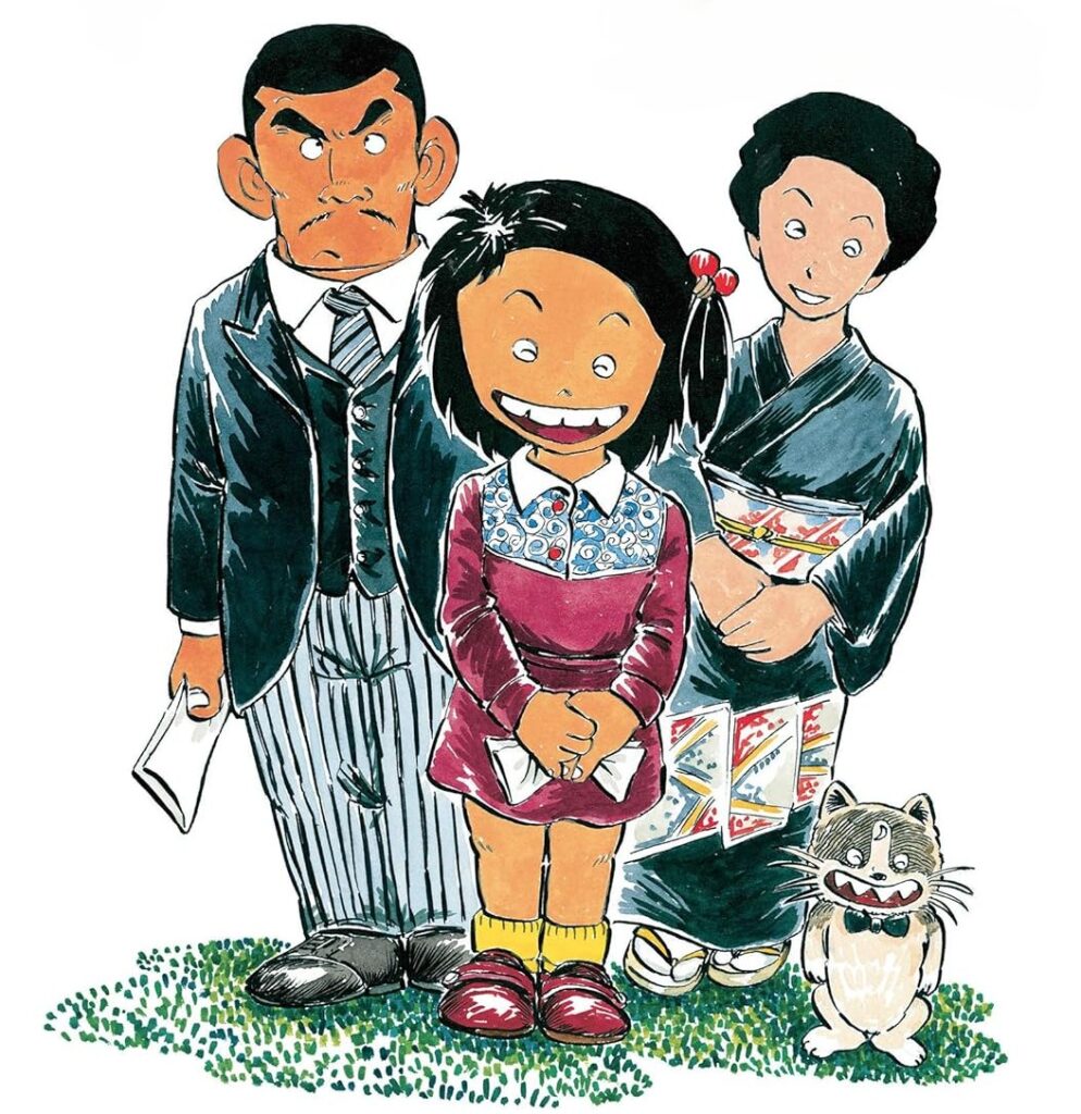チエと両親、小鉄の記念写真イラスト