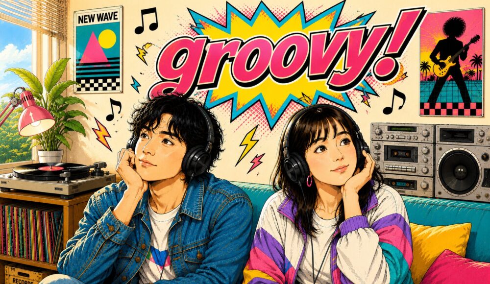 groovyという文字と男女が音楽を聴いているイラスト