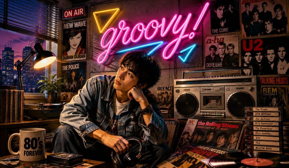 夜、部屋の中で音楽を聴く男性