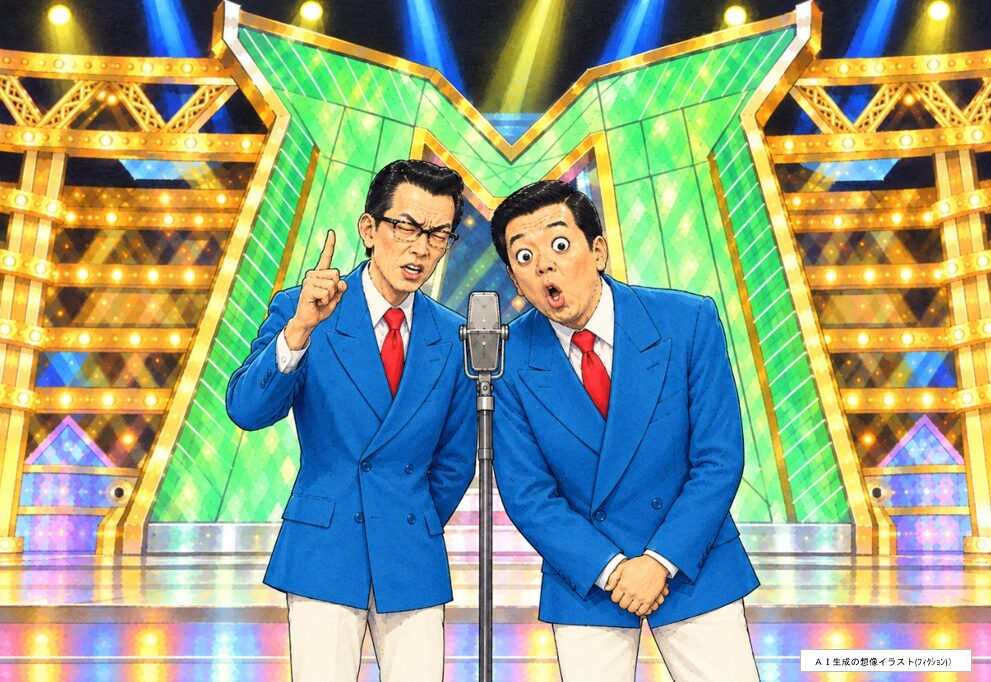 M-1グランプリの舞台にやすきよが立っている想像のイラスト
